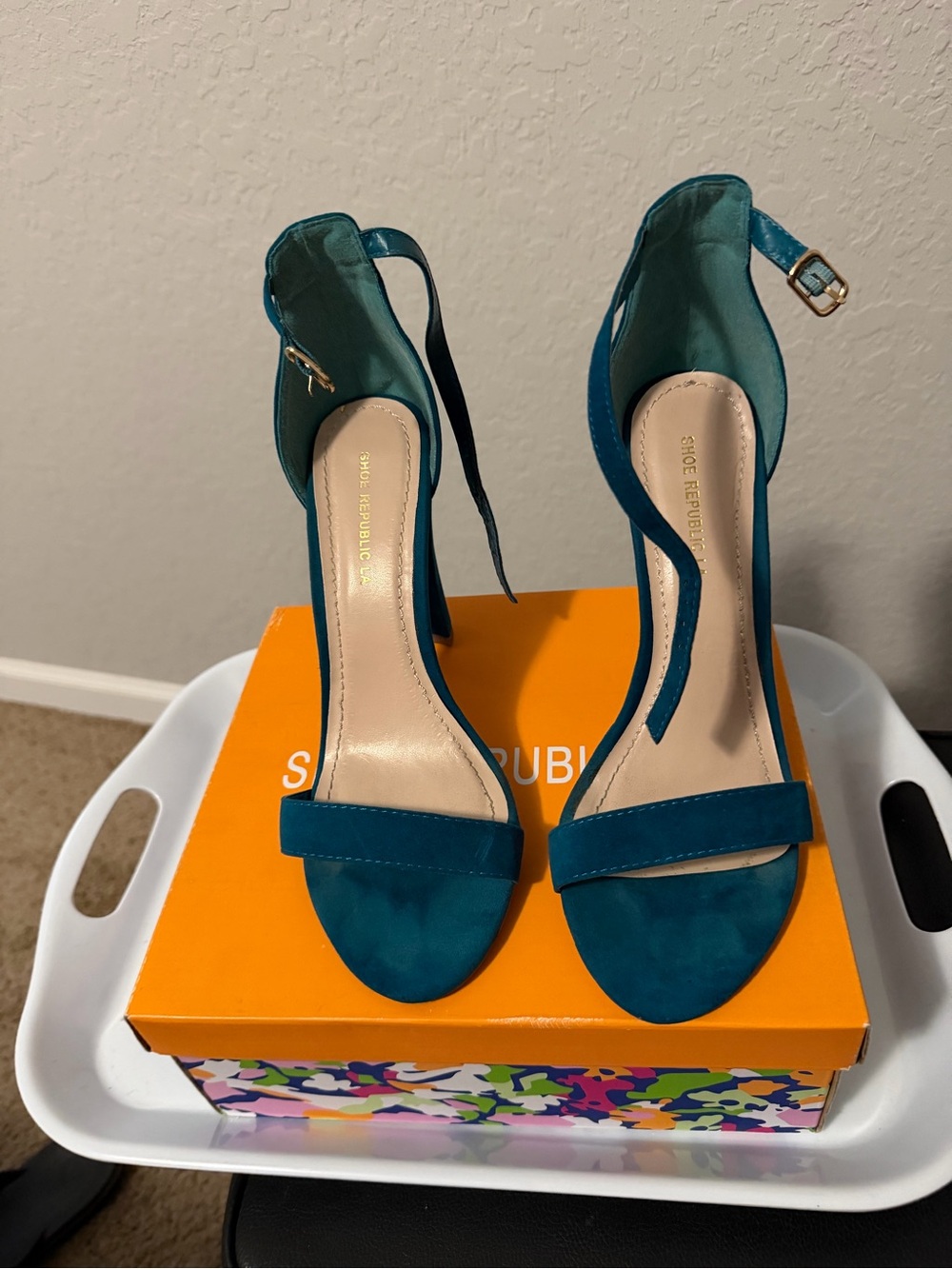 Shoe Republic LA Teal Open-Toe Ankle-Strap Heels